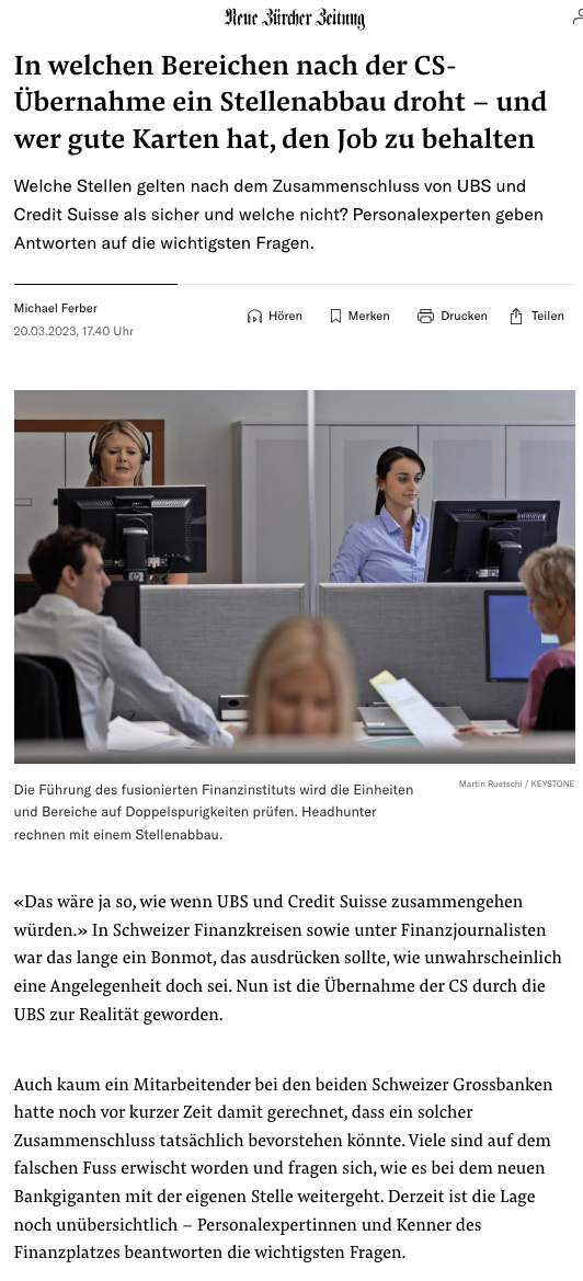 NZZ, UBS/CS job cuts, Neue Zürcher Zeitung in conversation with Wirz & Partners