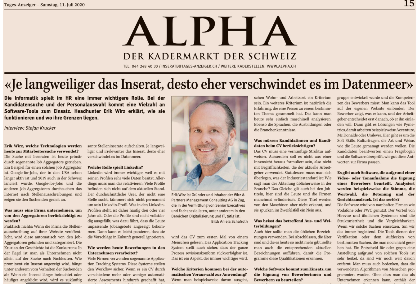 Tages-Anzeiger - ALPHA OF THE SWISS EXECUTIVE MARKET Interview with Wirz-Partners