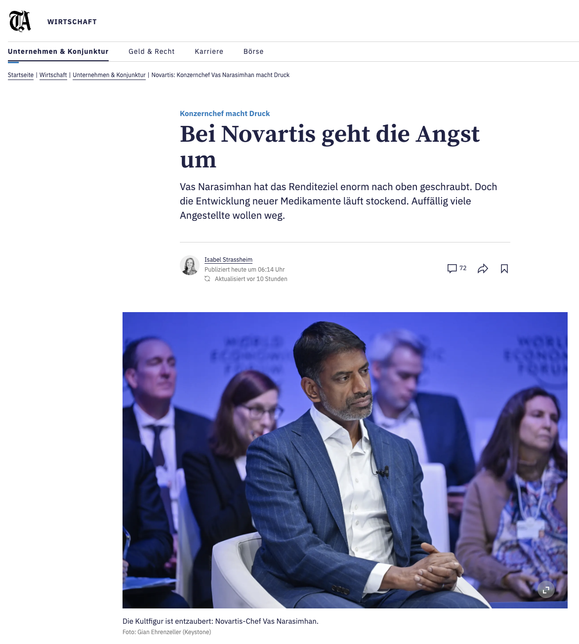 Tagesanzeiger, Novartis, bei Novartis geht die Angst um