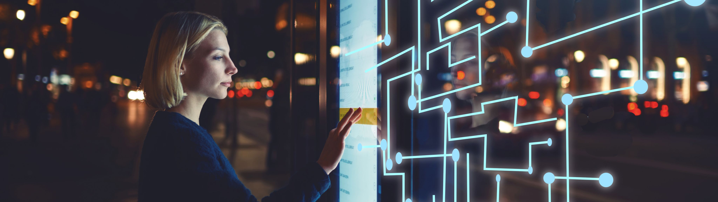 Visualization of Cyber Security: Woman interacting with a digital network – symbolizing IT security and technological protection solutions.