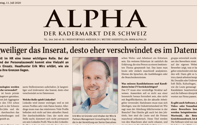 Tages-Anzeiger – ALPHA DER KADERMARKT DER SCHWEIZ Interview with Wirz-Partners